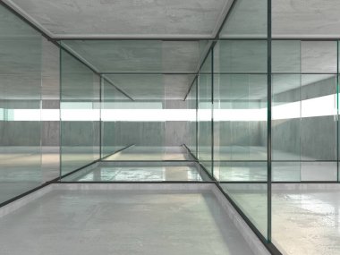 Soyut fütürist beton ve cam mimarisi. Minimalist iç mekan. 3d oluşturma