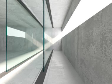 Soyut fütürist beton ve cam mimarisi. Minimalist iç mekan. 3d oluşturma