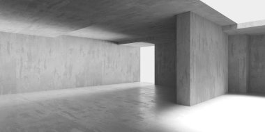 Çağdaş beton döşeme. Taş gibi eski duvar duvarları boş oda. Sanat ve tasarım konsepti. Model yap. 3B görüntüleme