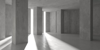 Beton duvarlı pis bir oda. Eski taş döşeme. 3d oluşturma