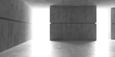 Soyut iç yapısı olan beton bir oda. Açık alan. Sanayi arka plan şablonu. 3d oluşturma