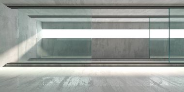 Soyut fütürist beton ve cam mimarisi. Minimalist iç mekan. 3d oluşturma