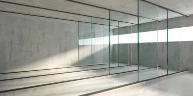 Soyut fütürist beton ve cam mimarisi. Minimalist iç mekan. 3d oluşturma