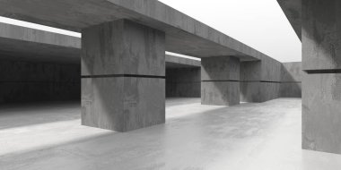 Beton duvarlı pis bir oda. Eski taş döşeme. 3d oluşturma