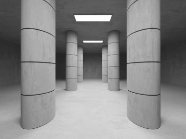 Soyut iç yapısı olan beton bir oda. Açık alan. Sanayi arka plan şablonu. 3d oluşturma