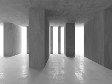 Beton duvarlı pis bir oda. Eski taş döşeme. 3d oluşturma