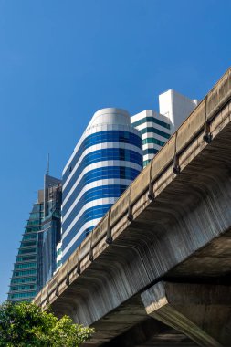 Mavi gökyüzü arkaplanındaki mimari detayları incele. Modern tasarım