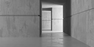 Beton duvarlı pis bir oda. Eski taş döşeme. 3d oluşturma