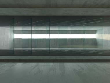 Soyut fütürist beton ve cam mimarisi. Minimalist iç mekan. 3d oluşturma