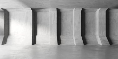 Beton duvarlı pis bir oda. Eski taş döşeme. 3d oluşturma