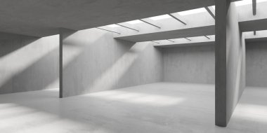 Soyut iç yapısı olan beton bir oda. Açık alan. Sanayi arka plan şablonu. 3d oluşturma