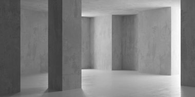 Beton duvarlı pis bir oda. Eski taş döşeme. 3d oluşturma