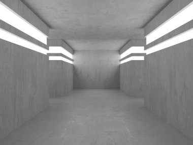 Soyut iç yapısı olan beton bir oda. Açık alan. Sanayi arka plan şablonu. 3d oluşturma