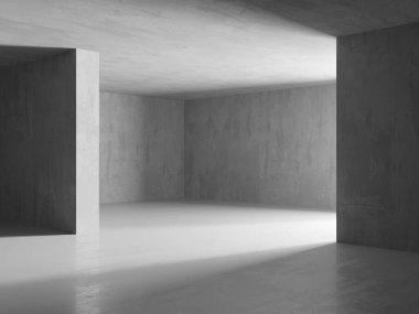 Beton duvarlı pis bir oda. Eski taş döşeme. 3d oluşturma