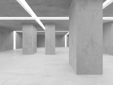 Beton duvarlı pis bir oda. Eski taş döşeme. 3d oluşturma