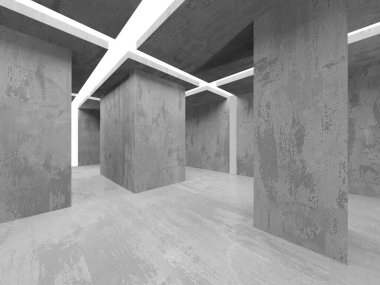 Beton duvarlı pis bir oda. Eski taş döşeme. 3d oluşturma