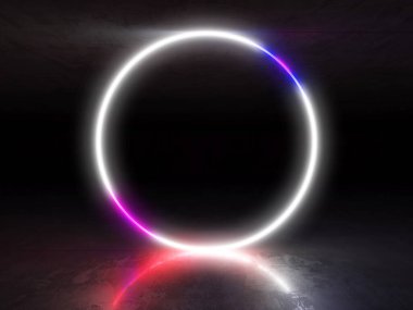 Karanlık odada neon ve neon ışıklar. Fütürist bilimkurgu parlayan ışıkları. 3d oluşturma