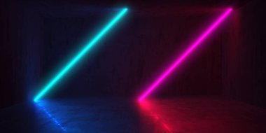 Karanlık odada neon ve neon ışıklar. Fütürist bilimkurgu parlayan ışıkları. 3d oluşturma