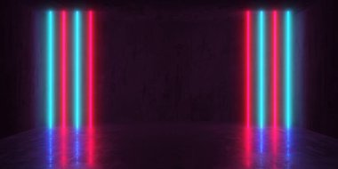 Karanlık odada neon ve neon ışıklar. Fütürist bilimkurgu parlayan ışıkları. 3d oluşturma