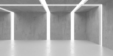 Soyut iç yapısı olan beton bir oda. Açık alan. Sanayi arka plan şablonu. 3d oluşturma