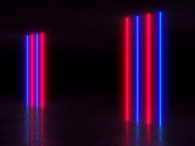 Karanlık odada neon ve neon ışıklar. Fütürist bilimkurgu parlayan ışıkları. 3d oluşturma