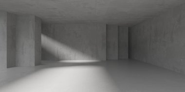 Soyut iç yapısı olan beton bir oda. Açık alan. Sanayi arka plan şablonu. 3d oluşturma