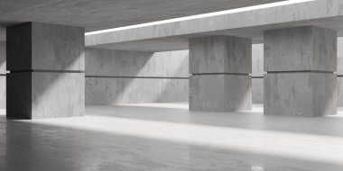 Beton duvarlı pis bir oda. Eski taş döşeme. 3d oluşturma