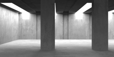 Beton duvarlı pis bir oda. Eski taş döşeme. 3d oluşturma