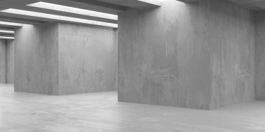 Beton duvarlı pis bir oda. Eski taş döşeme. 3d oluşturma