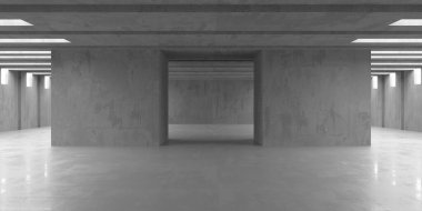 Beton duvarlı pis bir oda. Eski taş döşeme. 3d oluşturma