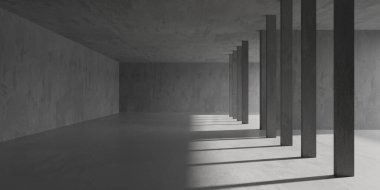 Beton duvarlı pis bir oda. Eski taş döşeme. 3d oluşturma