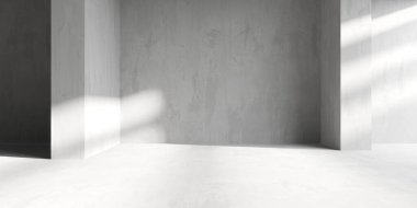 Soyut iç yapısı olan beton bir oda. Açık alan. Sanayi arka plan şablonu. 3d oluşturma