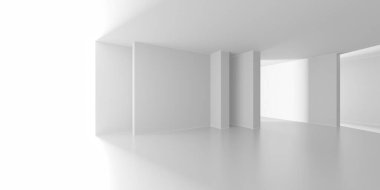 Minimalist oda alanı. Beyaz, temiz, içi boş bir mimari. 3d oluşturma