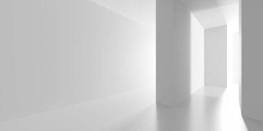 Minimalist oda alanı. Beyaz, temiz, içi boş bir mimari. 3d oluşturma