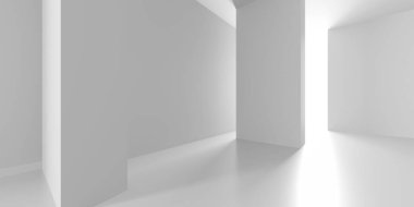 Minimalist oda alanı. Beyaz, temiz, içi boş bir mimari. 3d oluşturma