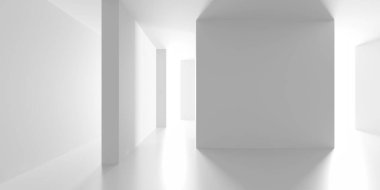 Minimalist oda alanı. Beyaz, temiz, içi boş bir mimari. 3d oluşturma