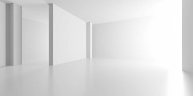 Minimalist oda alanı. Beyaz, temiz, içi boş bir mimari. 3d oluşturma