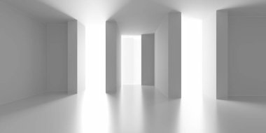 Minimalist oda alanı. Beyaz, temiz, içi boş bir mimari. 3d oluşturma