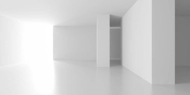 Minimalist oda alanı. Beyaz, temiz, içi boş bir mimari. 3d oluşturma