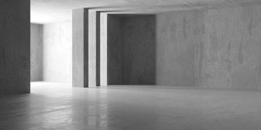 Soyut iç yapısı olan beton bir oda. Açık alan. Sanayi arka plan şablonu. 3d oluşturma