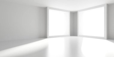 Minimalist oda alanı. Beyaz, temiz, içi boş bir mimari. 3d oluşturma