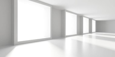 Minimalist oda alanı. Beyaz, temiz, içi boş bir mimari. 3d oluşturma