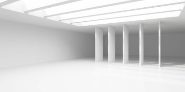Minimalist oda alanı. Beyaz, temiz, içi boş bir mimari. 3d oluşturma