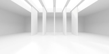 Minimalist oda alanı. Beyaz, temiz, içi boş bir mimari. 3d oluşturma