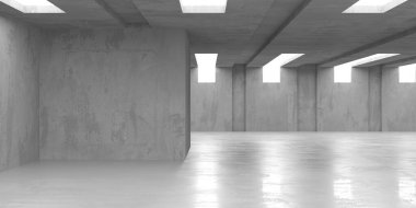 Beton duvarlı pis bir oda. Eski taş döşeme. 3d oluşturma