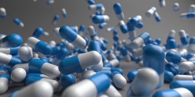 Bir sürü ilaç tableti. Kapsül hapları. İlaç konsepti geçmişi. 3d oluşturma