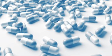 Beyaz mavi haplar kapanıyor. İlaç ve farmakoloji geliştirme. Tıbbi tedavi, önsezi ilaçları konsepti. 3d oluşturma