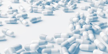Beyaz mavi haplar kapanıyor. İlaç ve farmakoloji geliştirme. Tıbbi tedavi, önsezi ilaçları konsepti. 3d oluşturma