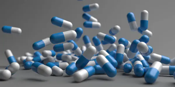 Monte Comprimidos Médicos Pílulas Cápsulas Antecedentes Conceito Farmacêutico Renderização — Fotografia de Stock