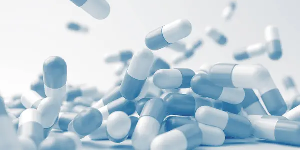Comprimidos Azuis Brancos Fecham Medicina Desenvolvimento Farmacologia Tratamento Médico Prescisão — Fotografia de Stock
